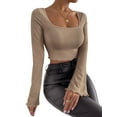 thumbnail image 4 of BEAFNKSG Women Flare Long Sleeve Crop Tops Low Cut Slim Ribbed Cropped Tee Basic Blouse Streetwear, 4 of 6