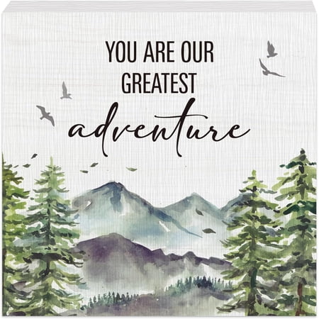 Woodland Nursery Wooden Box Sign, Inspirational Desk Decor, Forest Mountain You Are Our Greatest Adventure Wood Block Box Sign Plaque for Kids Baby Boys Room Nursery Wall Shelf Decor