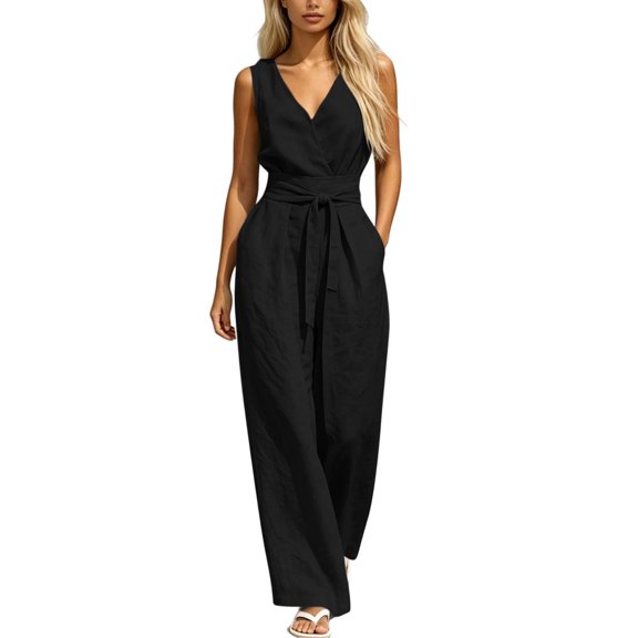 ClodeEU Women's V Neck Sleeveless Top and Elastic Waist Drawstring Wide Leg Pants Set with Pockets ,Casual Two Piece Outfit Black,Women's Plus L
