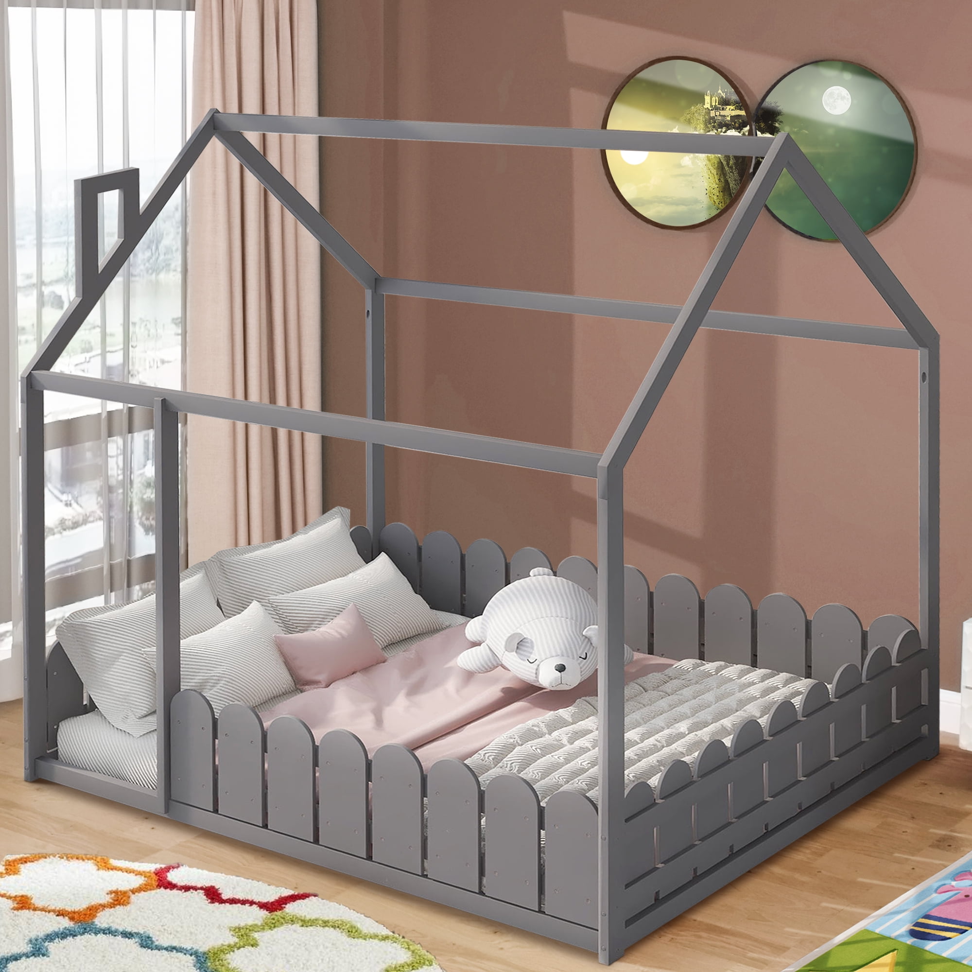 Wooden Toddler Bed House Grey Deluxe Foam Mattress 