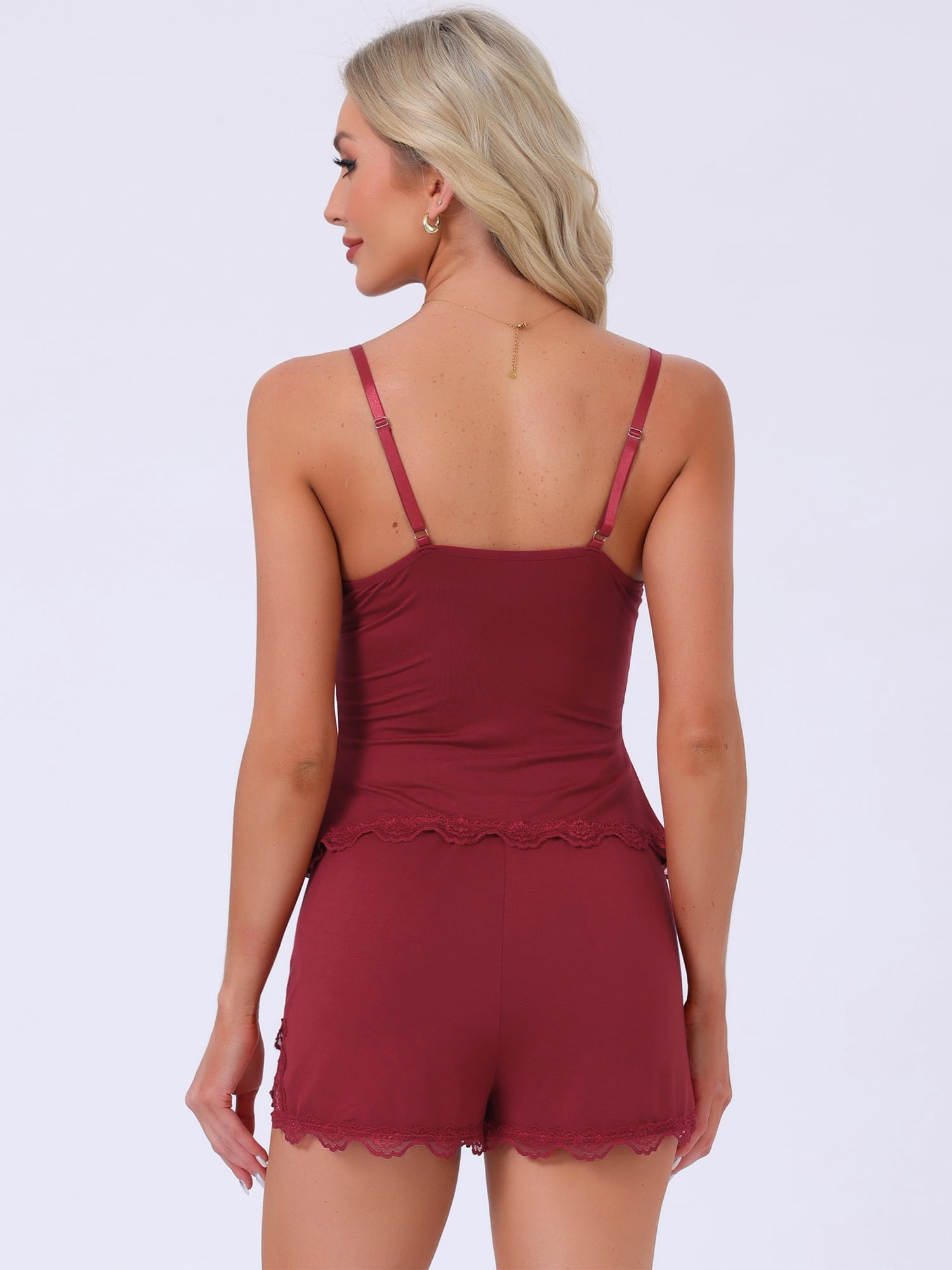 DARING DIVA Women's Pajama Set Valentines Day Cami Lace V Neck Tops Shorts S Red