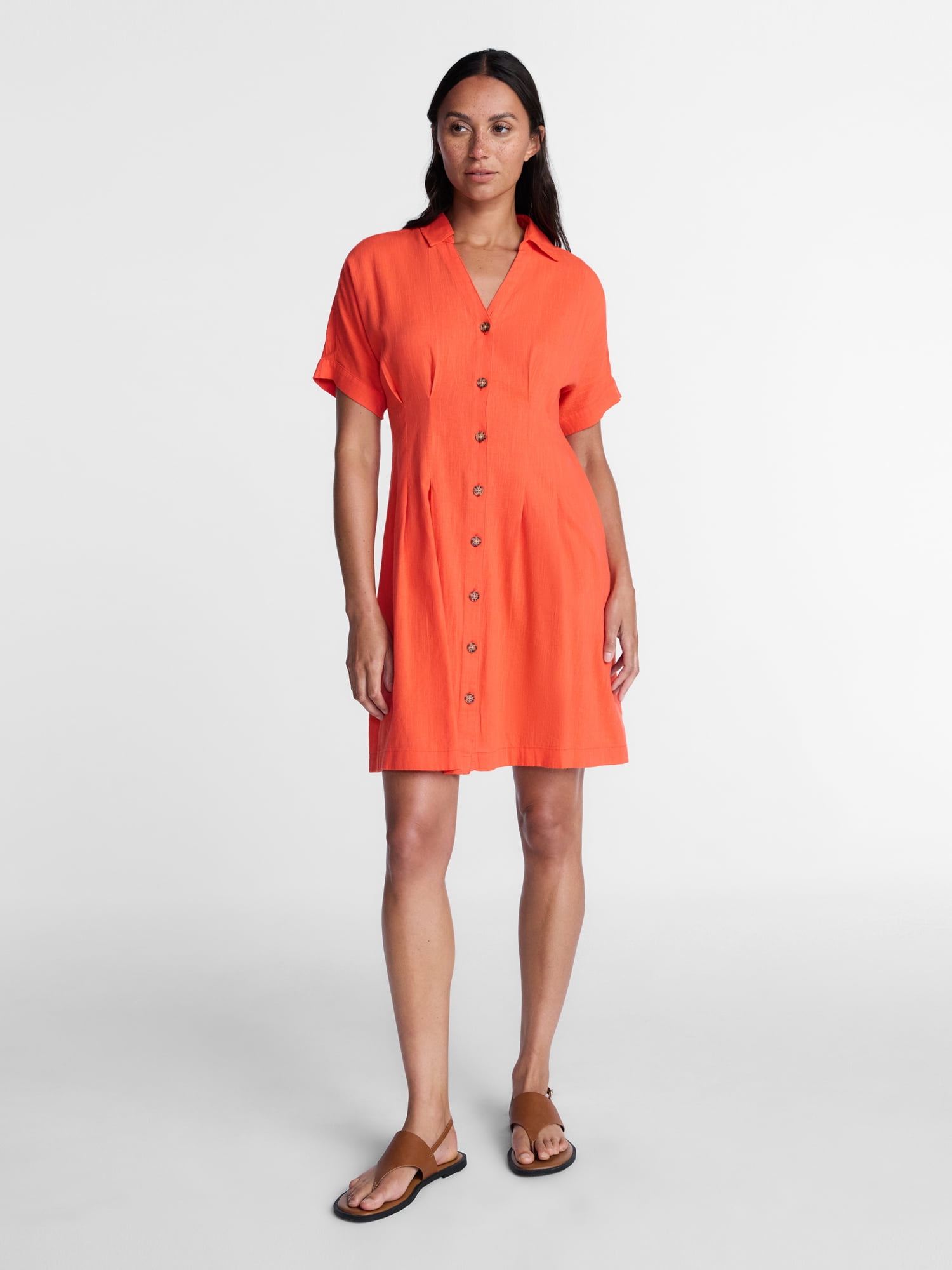 Time and Tru Women's Linen Pleated Waist Fit And Flare Mini Shirt Dress, Sizes XS-XXXL