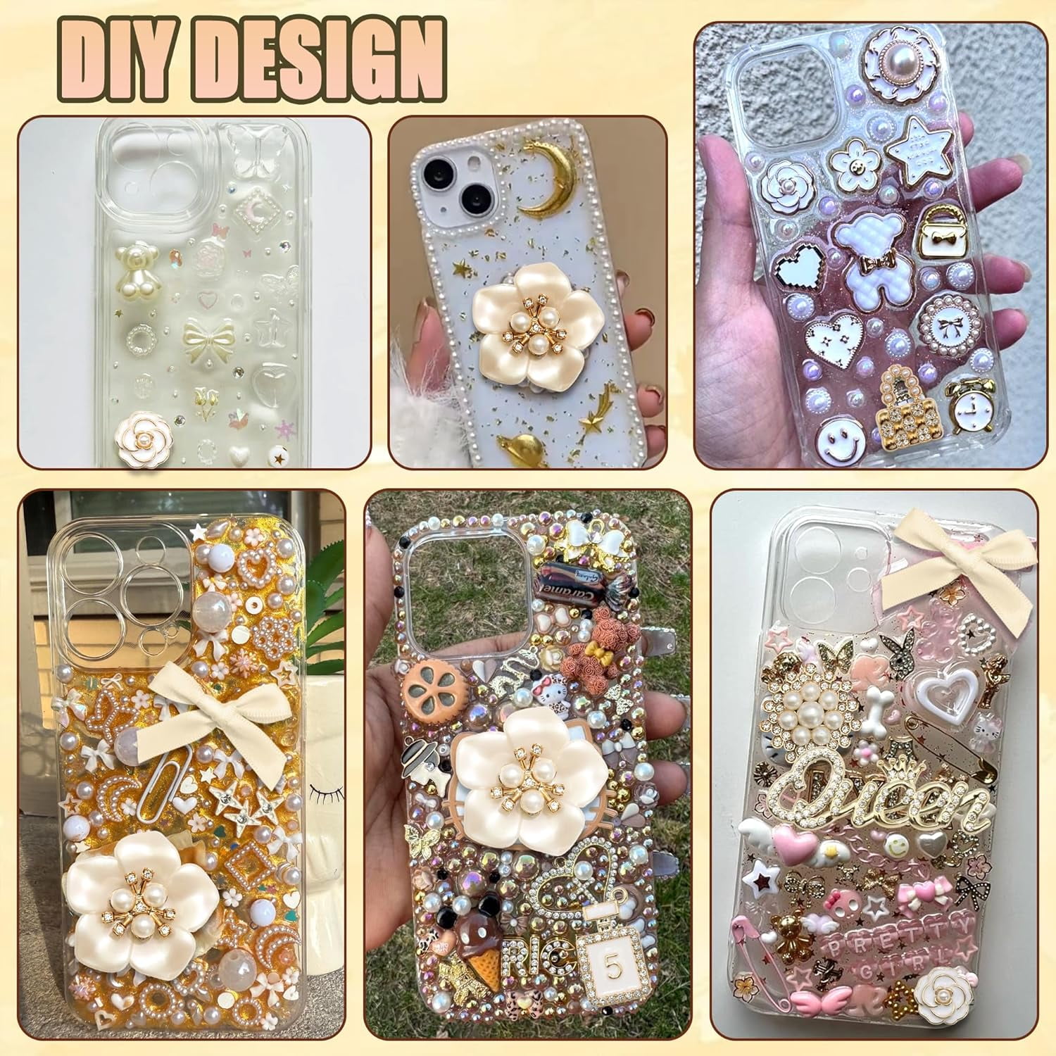 NestE- Junk Case Charms Elegant Flower Butterfly Charm for Phone Case 3D Bow Heart Bear Junk Phone Case Kit Flatback Pearls Rhinestone for Customizing DIY Craft Accessories