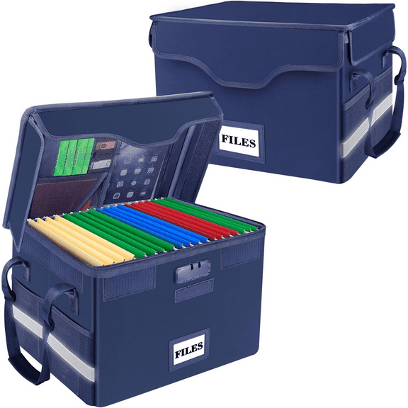 Fireproof Document Box with Lock,File Storage Organizer with Pockets,Collapsible Portable File Box Home Office Safe Filing Cabinet with Handle for Hanging Letter/Legal Folders,Blue,2 Pack