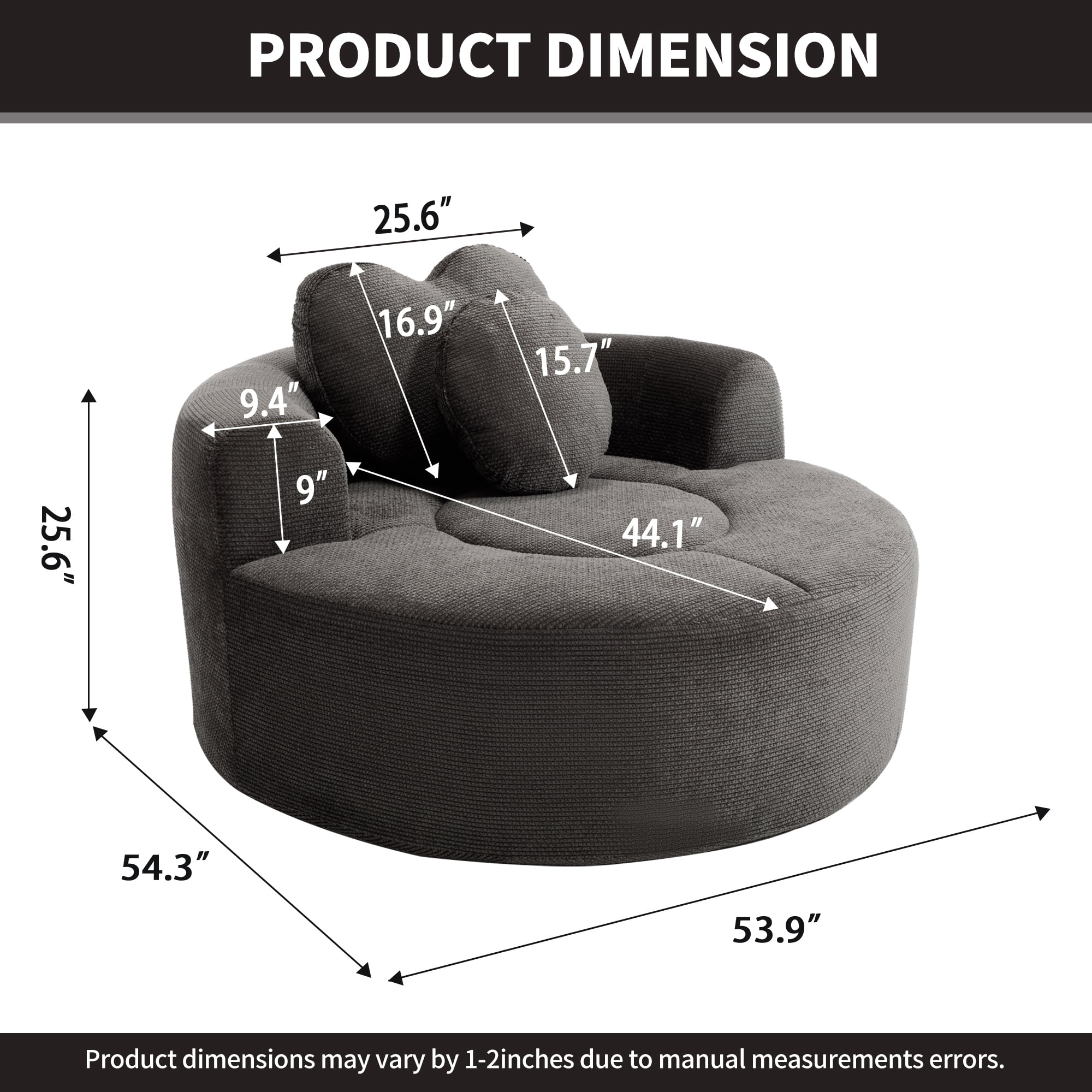 Leumius Oversized Round Chair Lounge Chaise Indoor,Upholstered Round Sofa Bed with Memory Foam,Comfy Cloud Circle Chair with Deep Seat for Living Room Bedroom,No Assembly Required,Black+ Gray