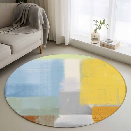 3ft Washable Round Rug Abstract Painting Non-Slip Circle Area Rug for Bedroom Bedside Art Style Orange Blue Yellow Grey Soft Indoor Floor Mat for Home Decor