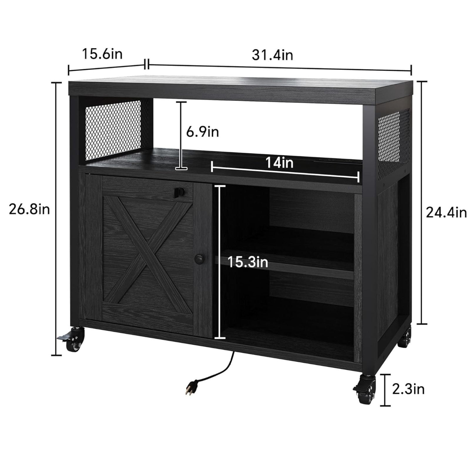 Farmhouse Printer Stand with Storage, Rolling Printer Cabinet with Shelves, Station, Wheels, and File Cabinet for Home Office Storage (Black)
