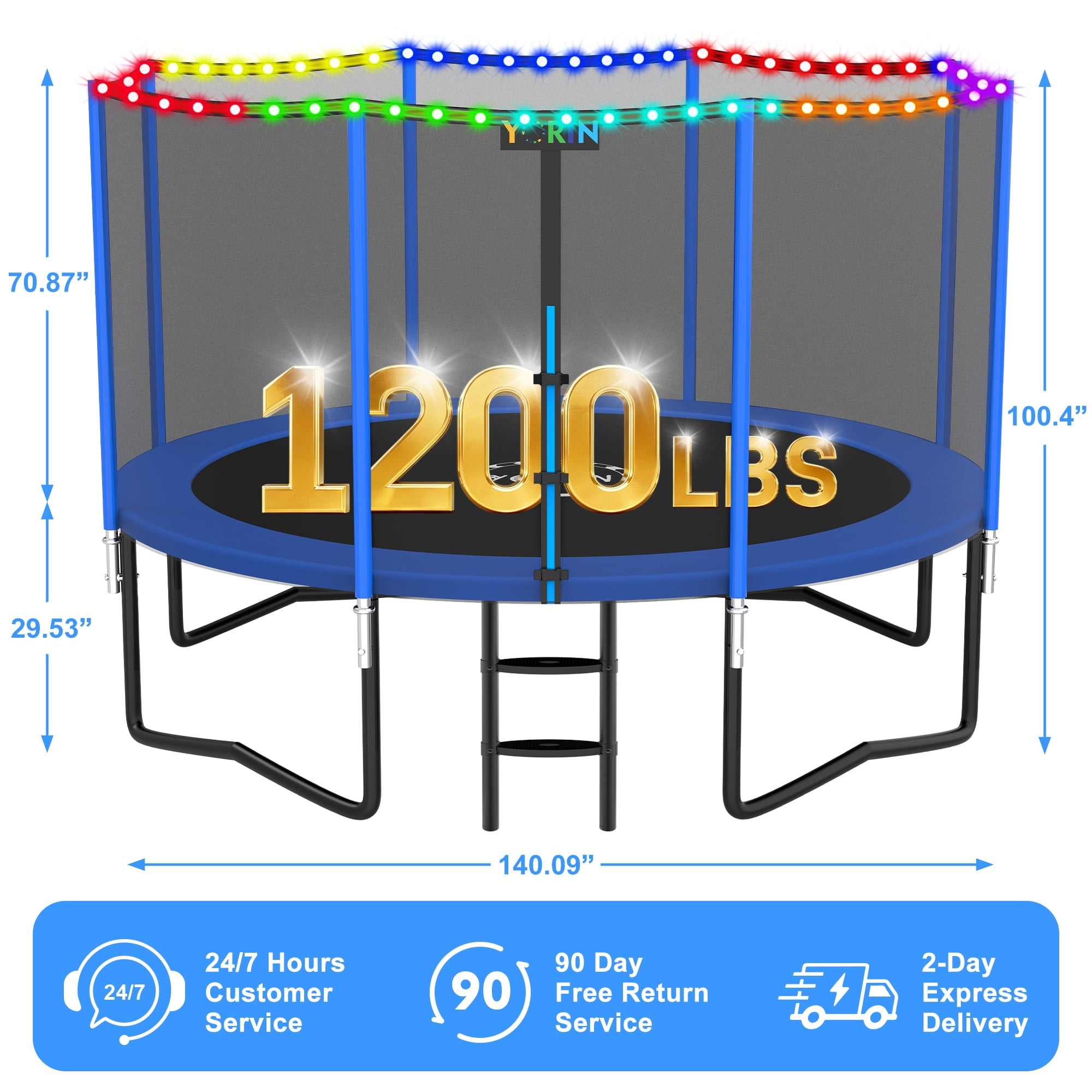 YORIN 12FT 14FT 8FT 10FT Trampoline with Enclusore Net, Sprinkler & LED Lights, 1200LBS Capacity Outdoor Trampoline for 5-6 Kids, Safety Enclosure Net, Ladder, Heavy-Duty Backyard Round Trampoline