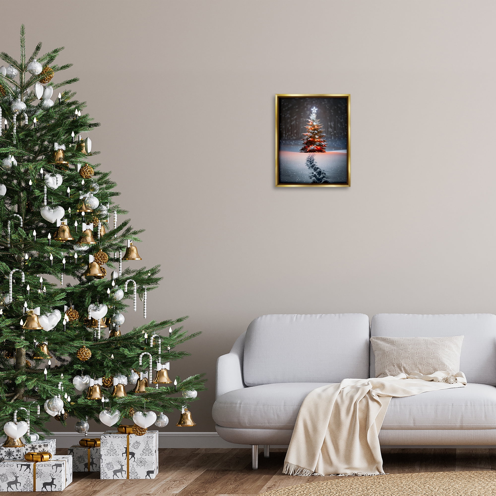 Stupell Industries Magic Moments Holiday Tree Holiday Photography Gold Floater Framed Canvas Art Prints Wall Art, 17 x 21