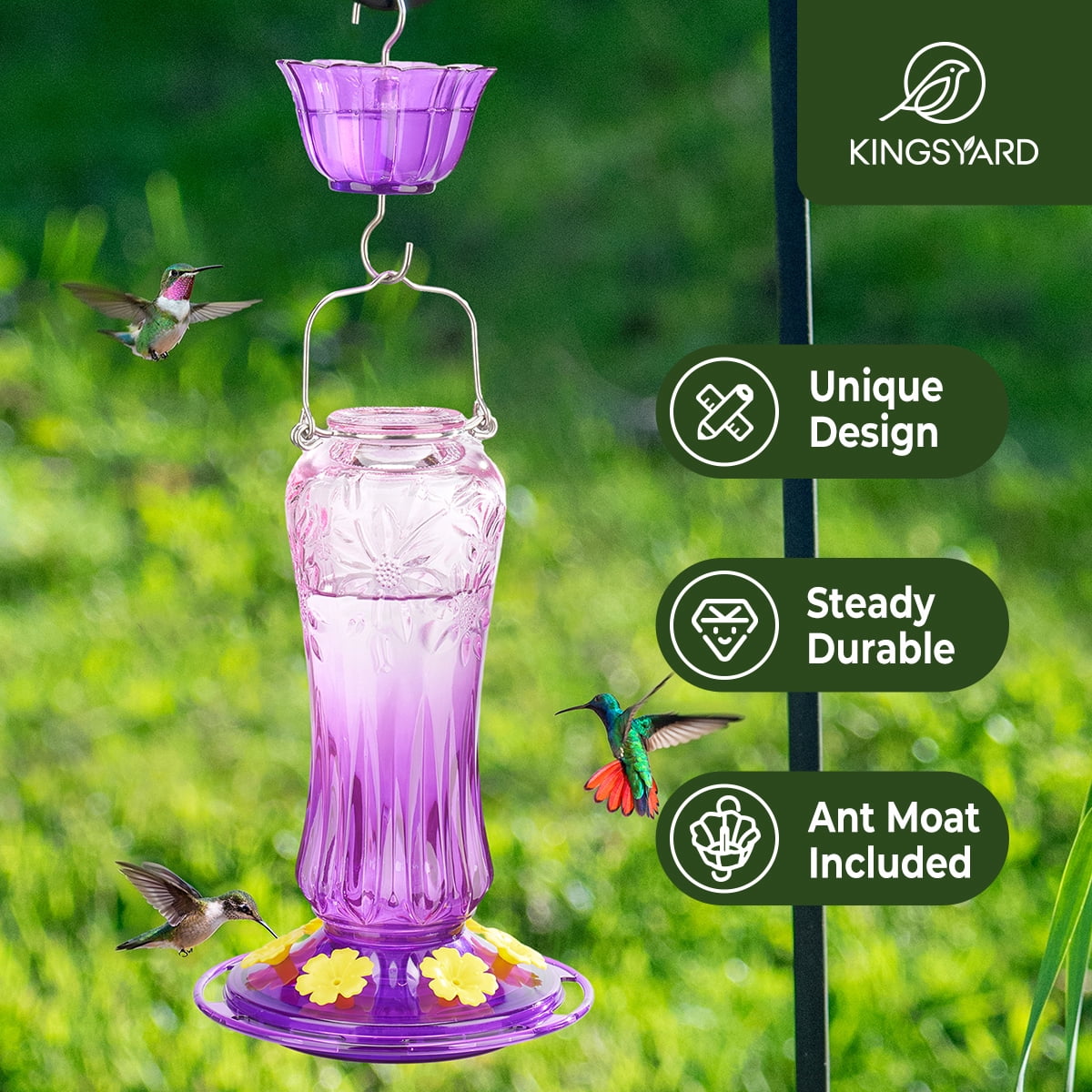 Kingsyard Hummingbird Feeder for Outdoors Hanging, 25 Ounces Leak Proof, Glass Humming Bird Nectar Feeder with Ant Moat & 6 Bee Guard Feeding Ports, Purple Gradient