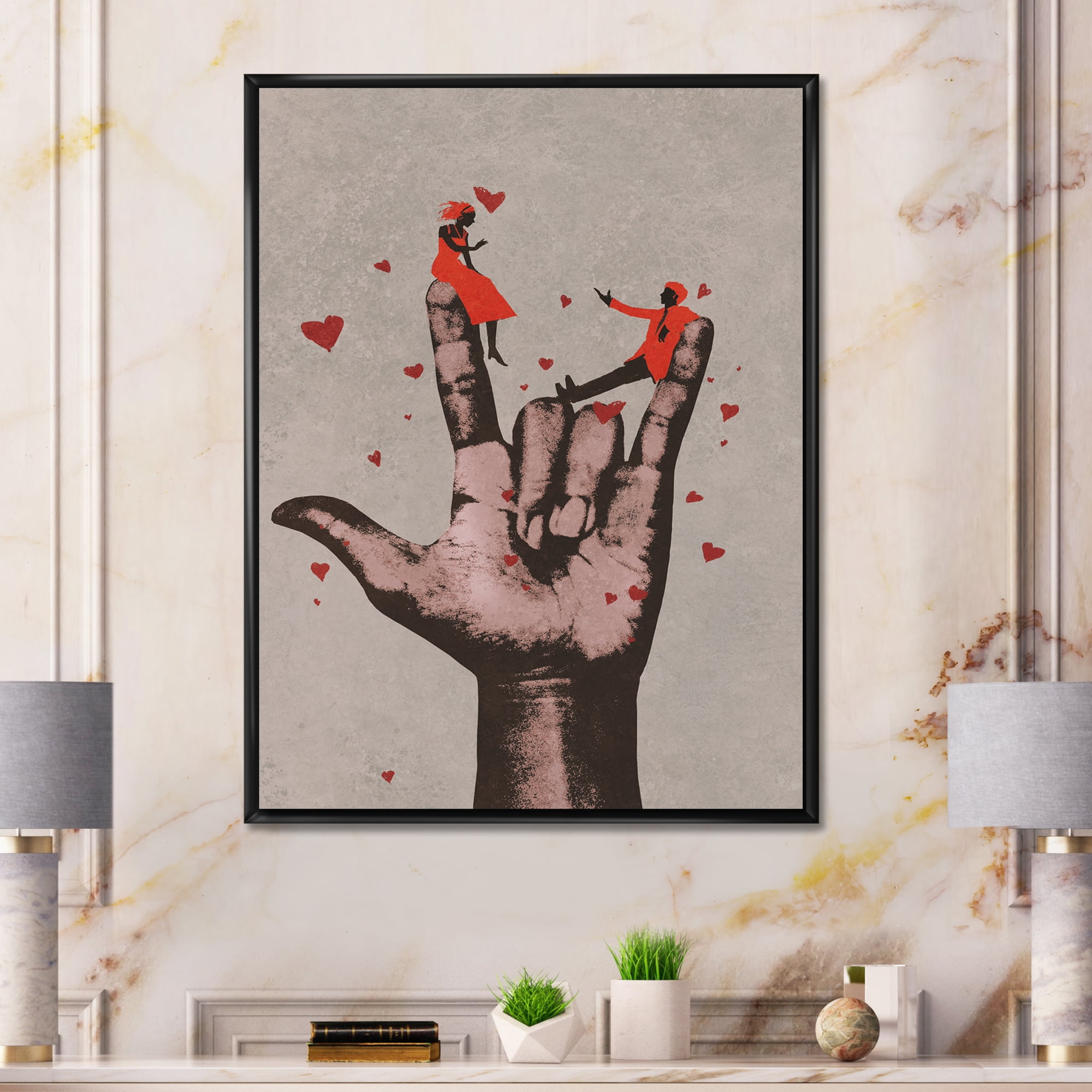 Designart 'I Love You Hand Sign With Romantic Couple' Modern Framed Canvas Wall Art Print
