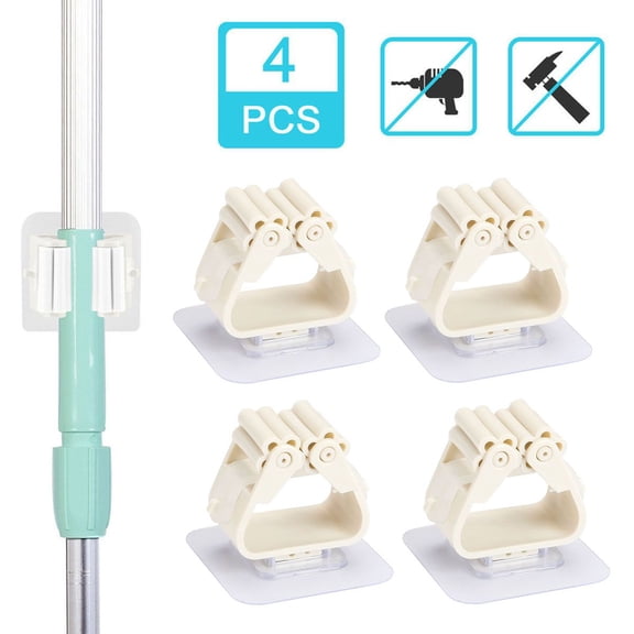 Deago 4 PCS Self Adhesive No Drilling Anti-Slip Broom Hook Mop Holder Grippers for Home, Kitchen and Wardrobe (White)