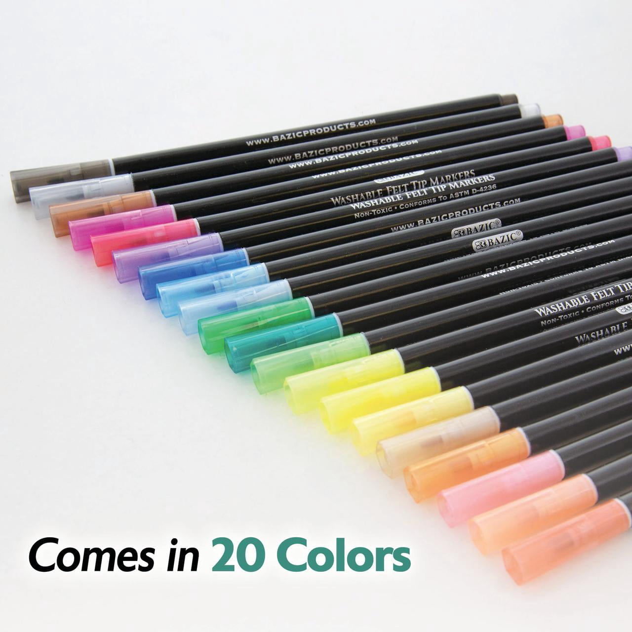 BAZIC Felt Washable Markers 20 Colors, Fine Line Coloring Marker, Non Toxic Art Supplies (20/Pack), 1-Pack