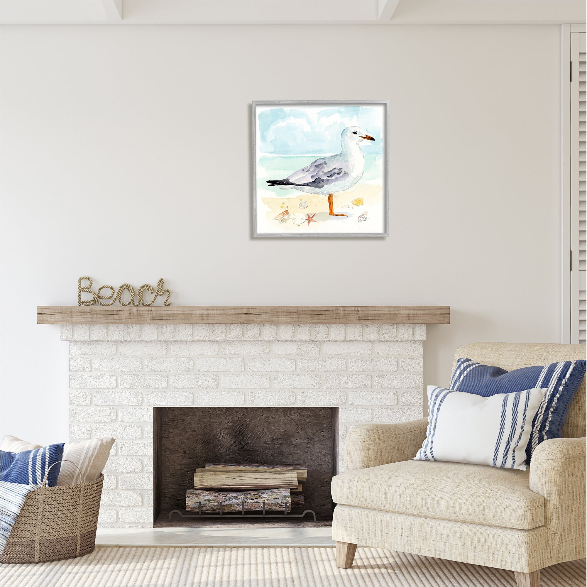 Stupell Industries Seagull & Seashells on Shore Animals & Insects Painting Gray Framed Art Print Wall Art, 24 x 24