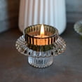 thumbnail image 2 of WHW 3 Piece Shorty Convertible Green and Clear Lacquered Glass Ribbed Tealight or Taper Candle Holders, 2 of 6
