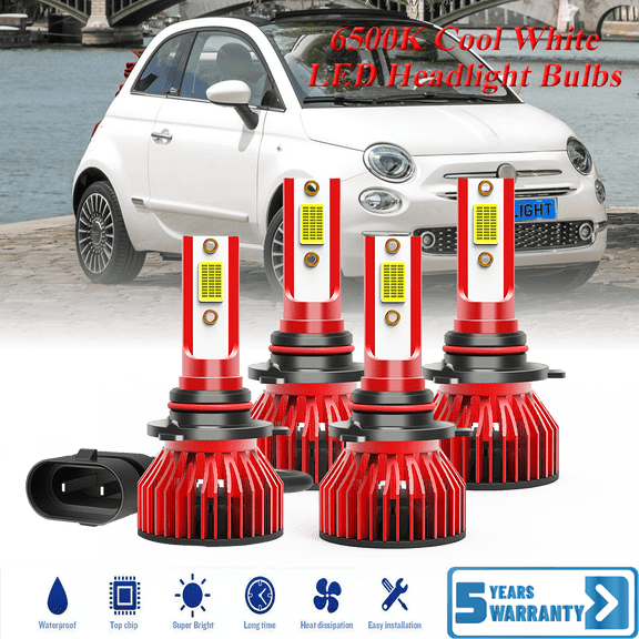 For Fiat 500 2012-2019 High Low Beam Bulb Combo - 30,000LMLED Headlight Bulb Kit, 6500K Cool White 600% Super-Bright Bulb, Plug & Play