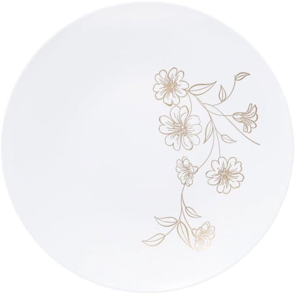 (10 PACK) EcoQuality 9" inch Round White Plastic Plates with Gold Primrose Design - Disposable China Like Party Plates, Heavy Duty Dinner Plates, Salad Plate, Dinners, Wedding, Serveware