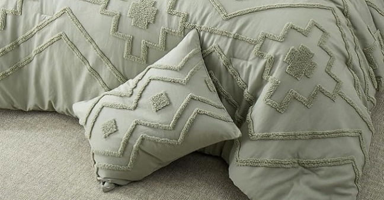 Pooja Handicrafts Boho Style 3-Piece Green Tufted Cotton Duvet Cover Set, 120"x120"
