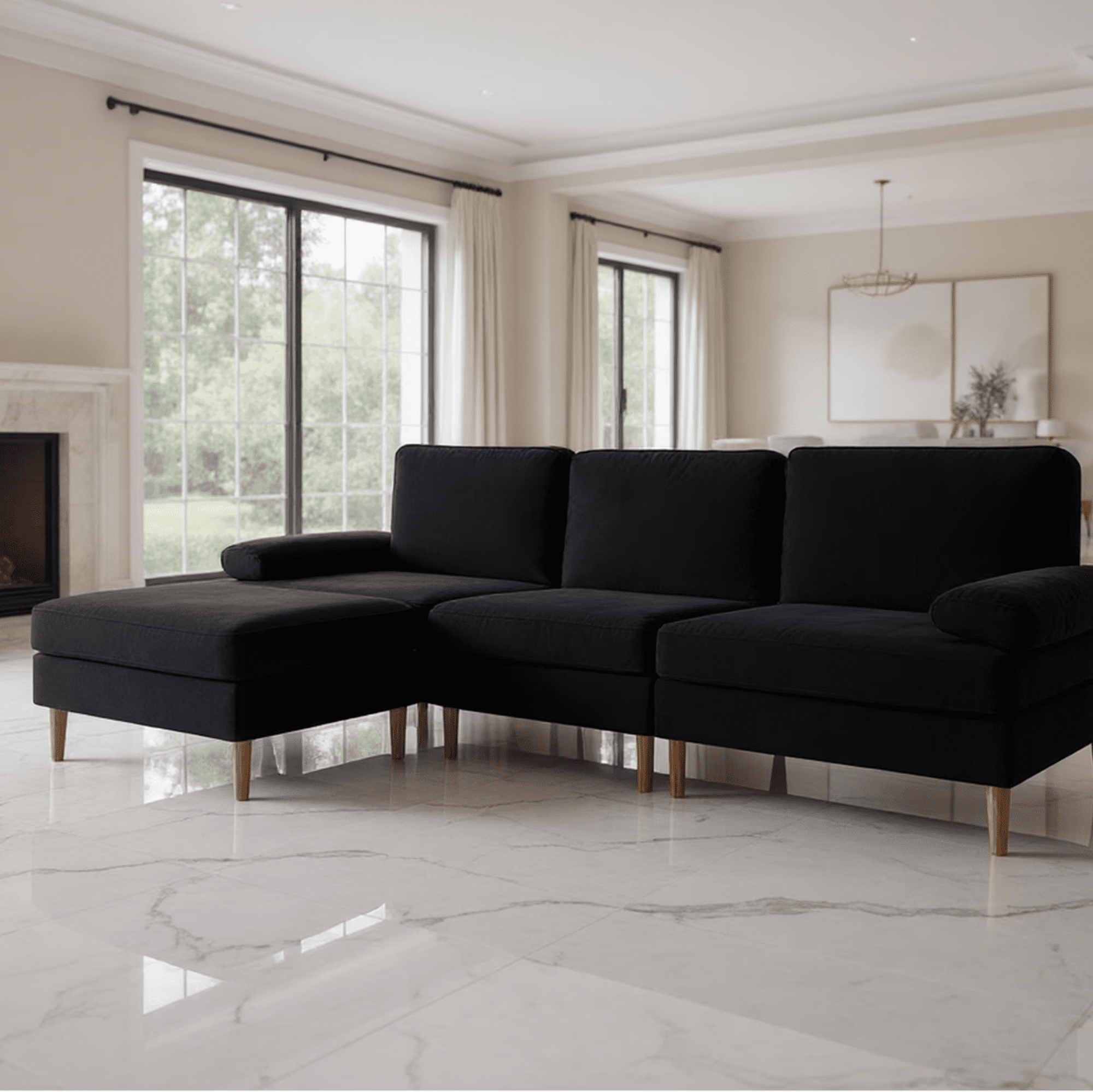 Gewnee Sectional Sofa with Movable Ottoman, 4-Piece Reversible Velvet Couch- Solid Wood+Metal Frame, Non-Slip Leg Pads, for Living Room/Apartment/Office