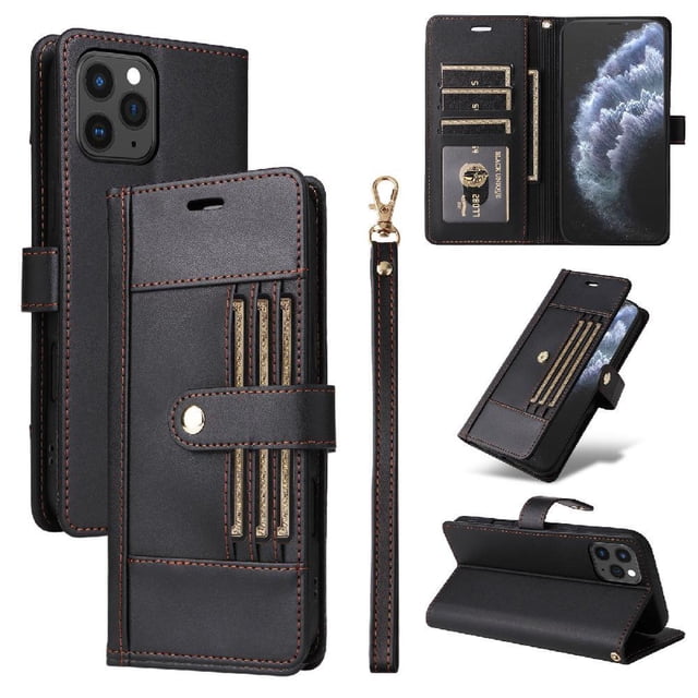 FOXDOCK Funda tipo Cartera para iPhone 13 Pro – Cubierta de Cuero PU con Múltiples Ranuras, Bolsillo para Efectivo y Correa de Muñeca