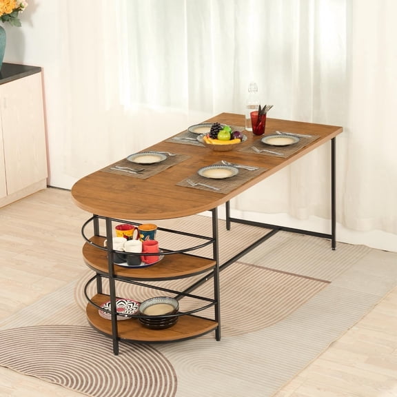 TEXBM 63" Farmhouse Dining Table with Reversible Storage Shelf, Industrial Kitchen Table for 4-6, Brown MDF Top & Metal Legs, Multifunctional Desk for Dining Room, Living Room, Home Office