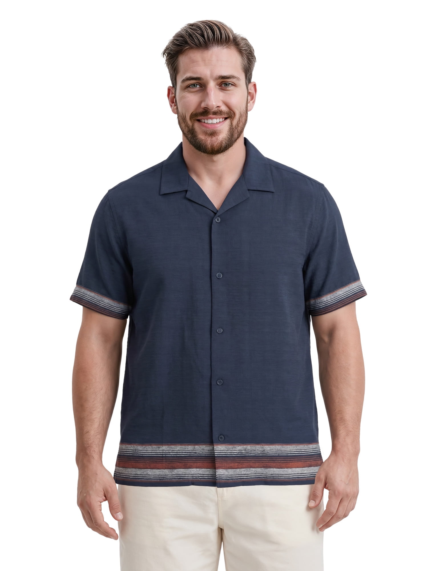 Havanera Men’s and Big Men's Horizontal Panel Print 100% Viscose Short Sleeve Shirt, S-5XL