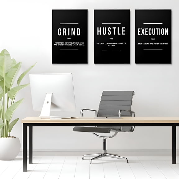 CCOCC Hustle Grind Execution Wall Art Set of 3 Framed Canvas Motivational Wall Art Home Office Wall Decor Inspirational Positive Quotes Posters Success Entrepreneur Gifts for Men 12"X16"