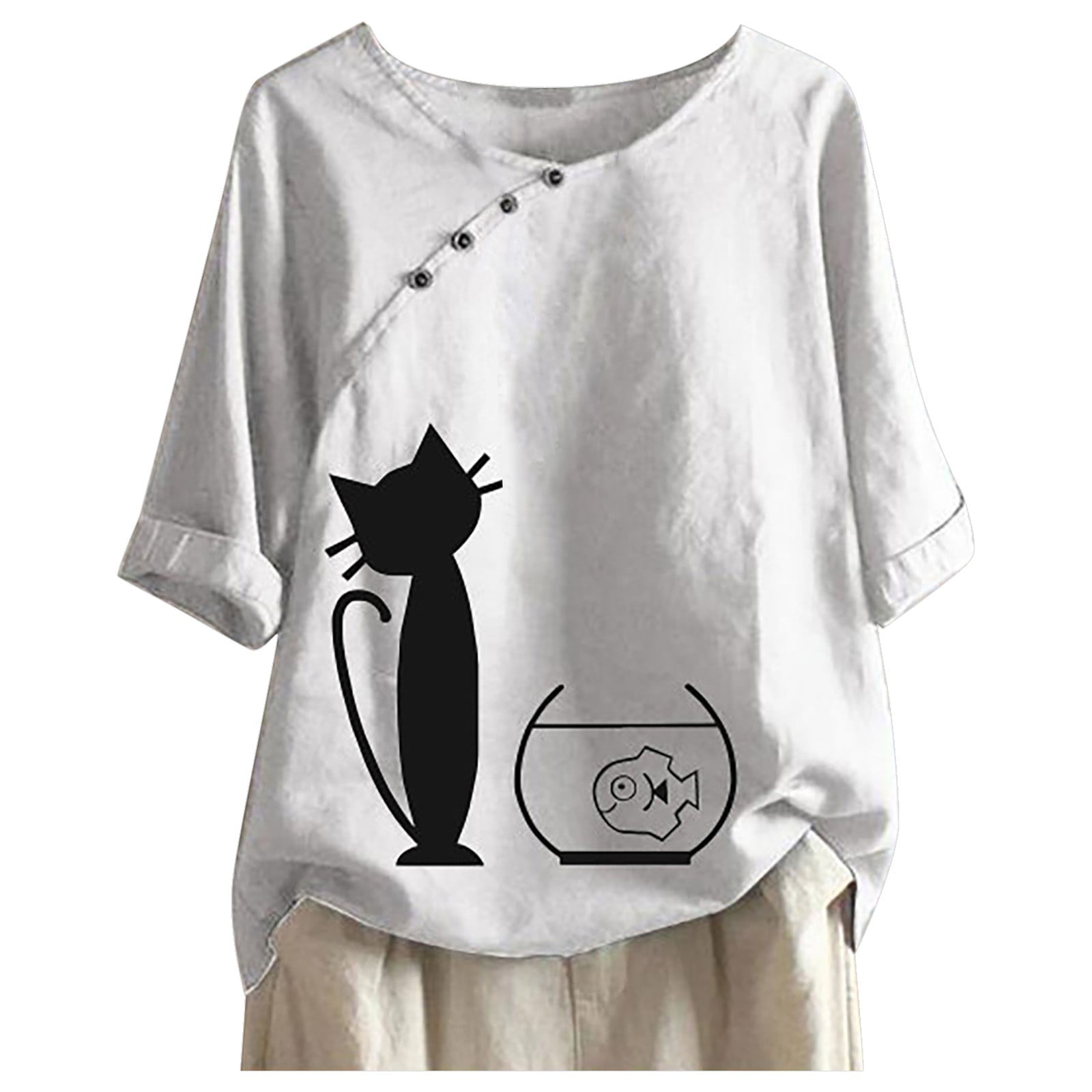 Women Cartoon Cat Tops Patchwork Short Sleeve Plus Size Linen Shirt Blouse Tunic
