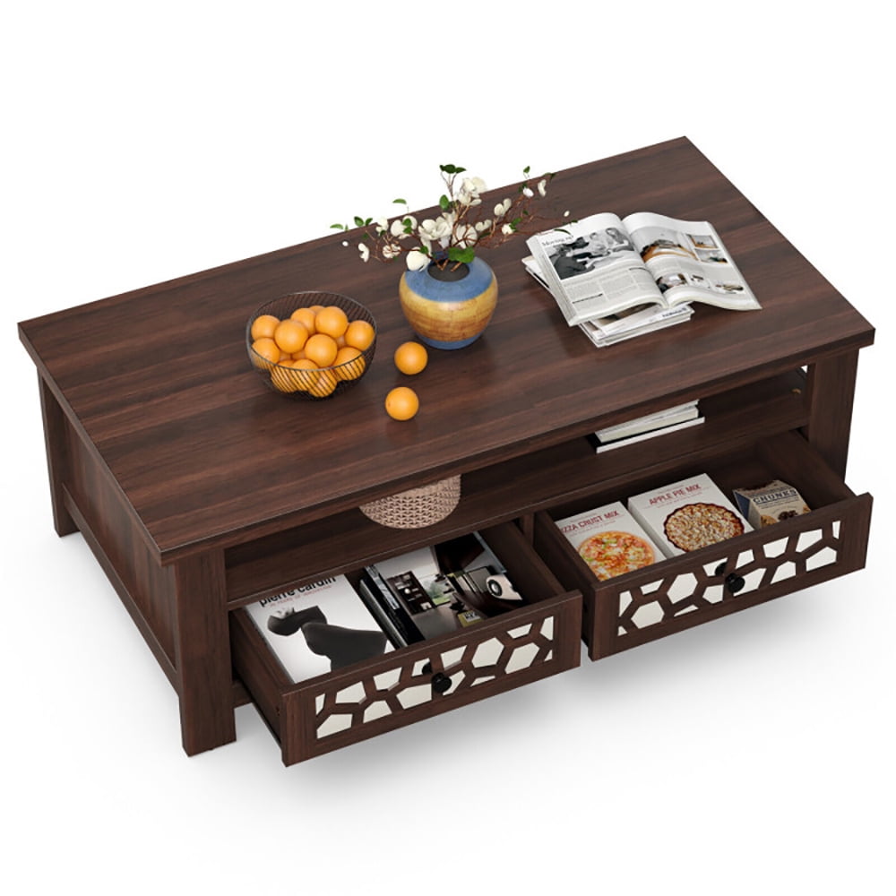 Finihen Coffee Table, Rectangular Coffee Table, 3-tier Coffee Table with 2 Drawers and 5 Support Legs, for Living Room, Reception Room, Office, Brown Finihen Coffee Table, Rectangular Coffee Table, 3-tier Coffee Table with 2 Drawers and 5 Support Legs, for Living Room, Reception Room, Office, Brown