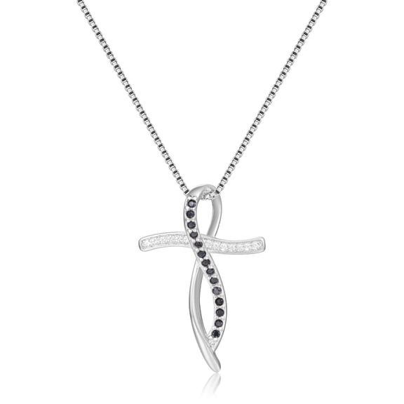 Fine Color Jewels Black Sapphire Cross Pendant Necklace for Women, Sterling Silver with White Sapphire, Religious Jewelry