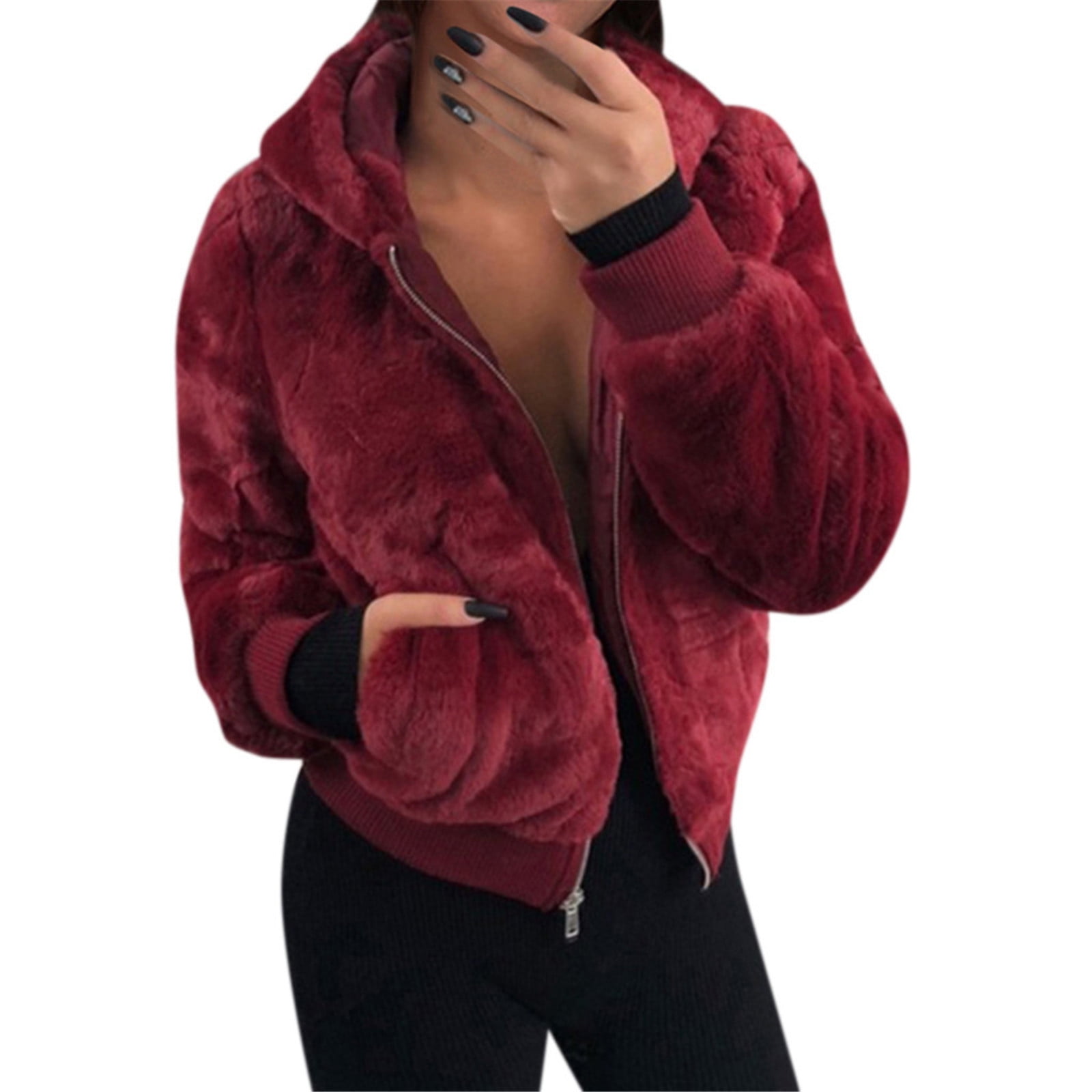 XZNGL Ladies Long Sleeve Pocket Pure Color Mink Bunny Furs Coat