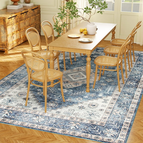 HOMCOM 8x10 Area Rug, Vintage Machine Washable Rug for Living Room, Blue