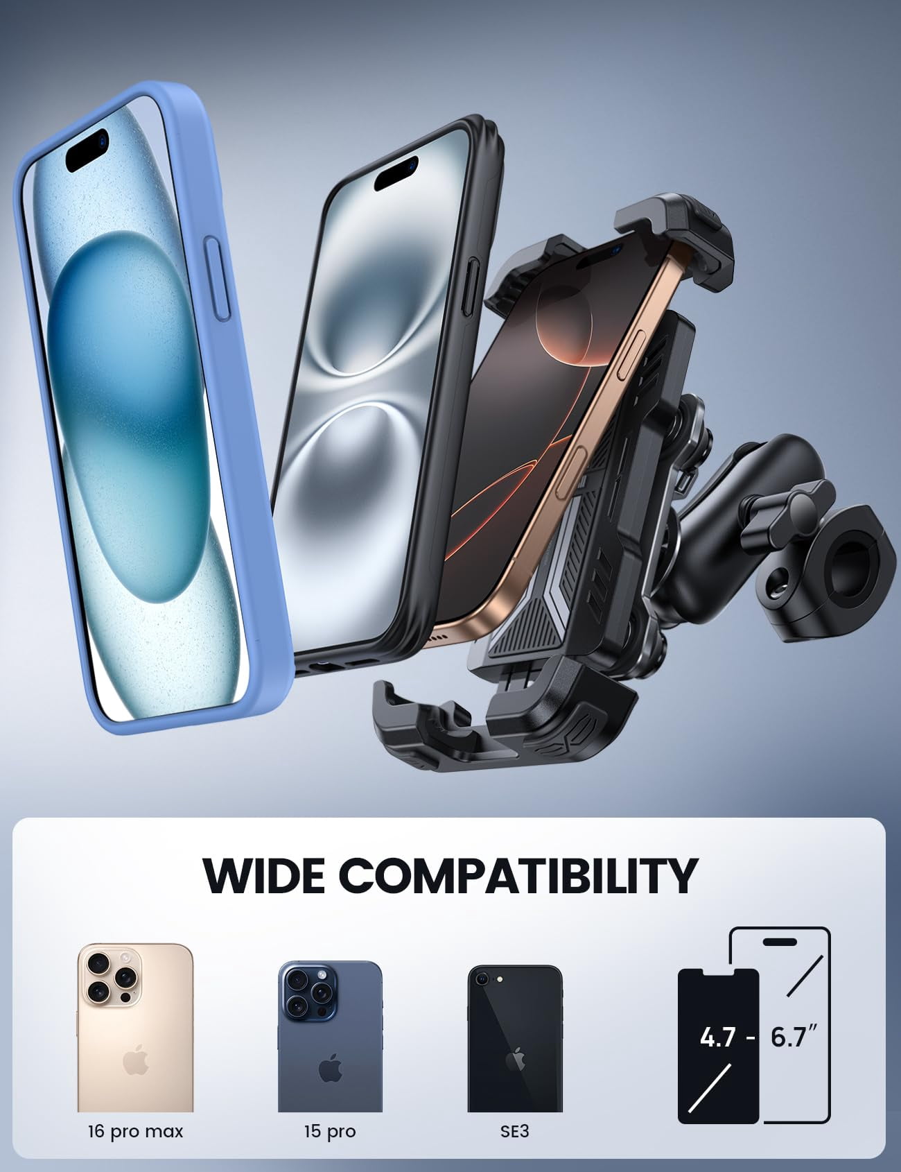 Motorcycle Phone Mount Holder - [Dual Vibration Dampener] [Metal Adjustment Arm] Motorcycle Cell Phone Holder, Bike Handlebar Phone Mount, Gifts for iPhone 16 15 14 Pro Max, 4.7-6.7" Phones