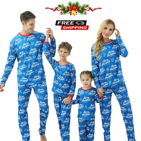 

Christmas Pajamas For Family Letters Print Long-Sleeve Tops with Pants Suit for Adults Kids Baby Red/Blue
