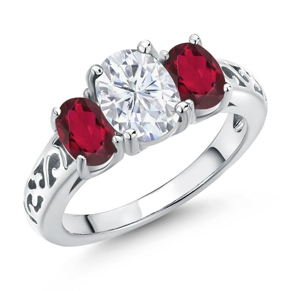 Gem Stone King 925 Sterling Silver White Moissanite and Ruby Red Mystic Topaz Filigree Style 3 Stone Ring for Women (2.50 Cttw, Oval 8X6MM and 6X4MM) (Size 6)