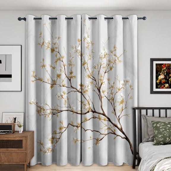 White and Gold Blackout Curtains, Branches Floral Curtains for Living Room, Bedroom, Drapes 2 Panels Set, Flower Plant Grommet Window Treatments Room Decor-52"W x 63"L (Pack of 2)