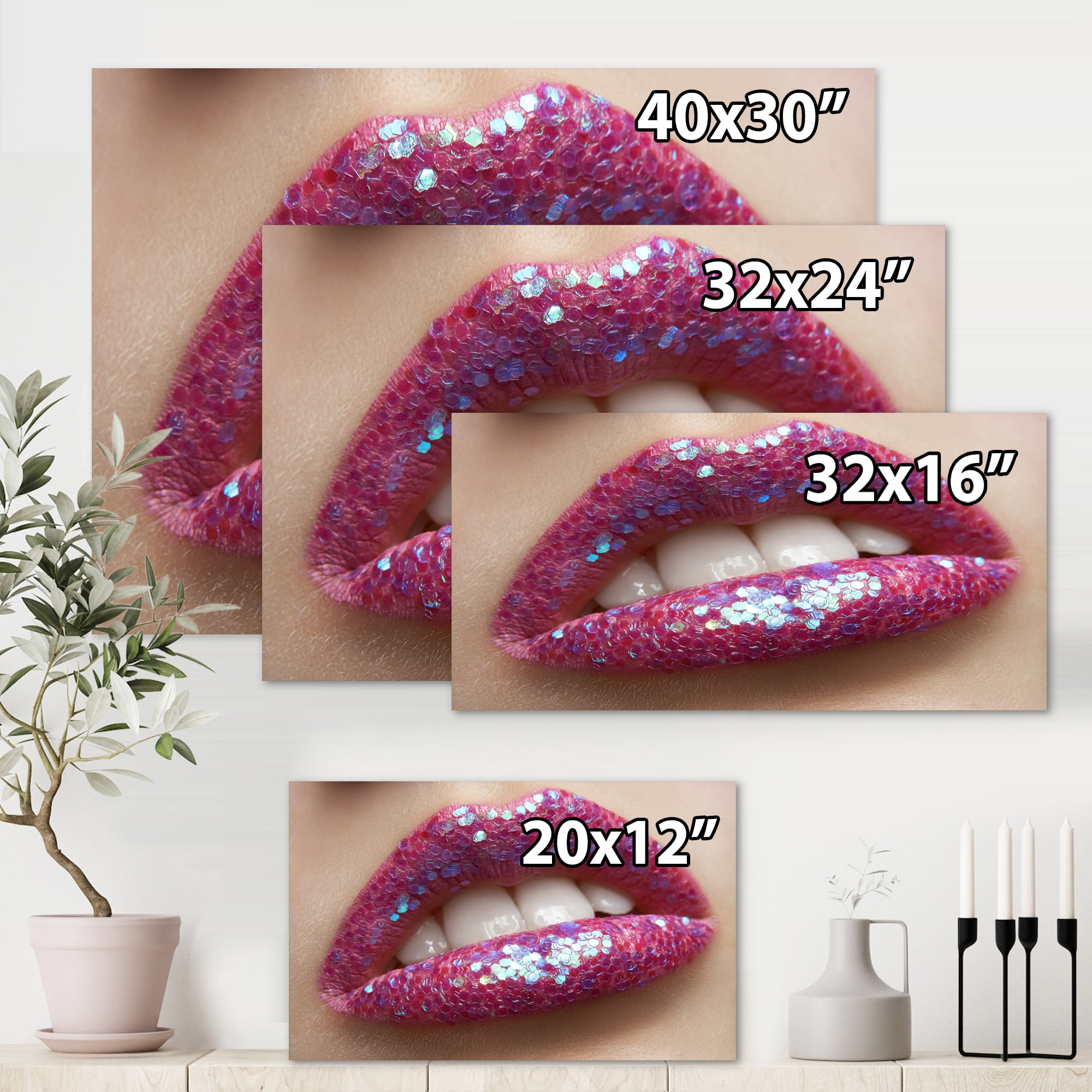 Designart ' Girl Lips Pink Lipstick and Sequins ' Modern Canvas Wall Art Print