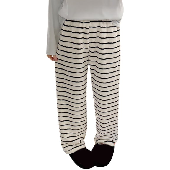 Bibifish Womens Pants Black Wavy Stripe Print Fuzzy Elastic Waist Loose Leg Pants Fit Casual Home Wear Daily Errands Cozy Stylish Pj Pants