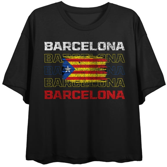 Barcelona Distressed Flag Crew Neck Short Sleeve Women's Black Crop Top-Medium