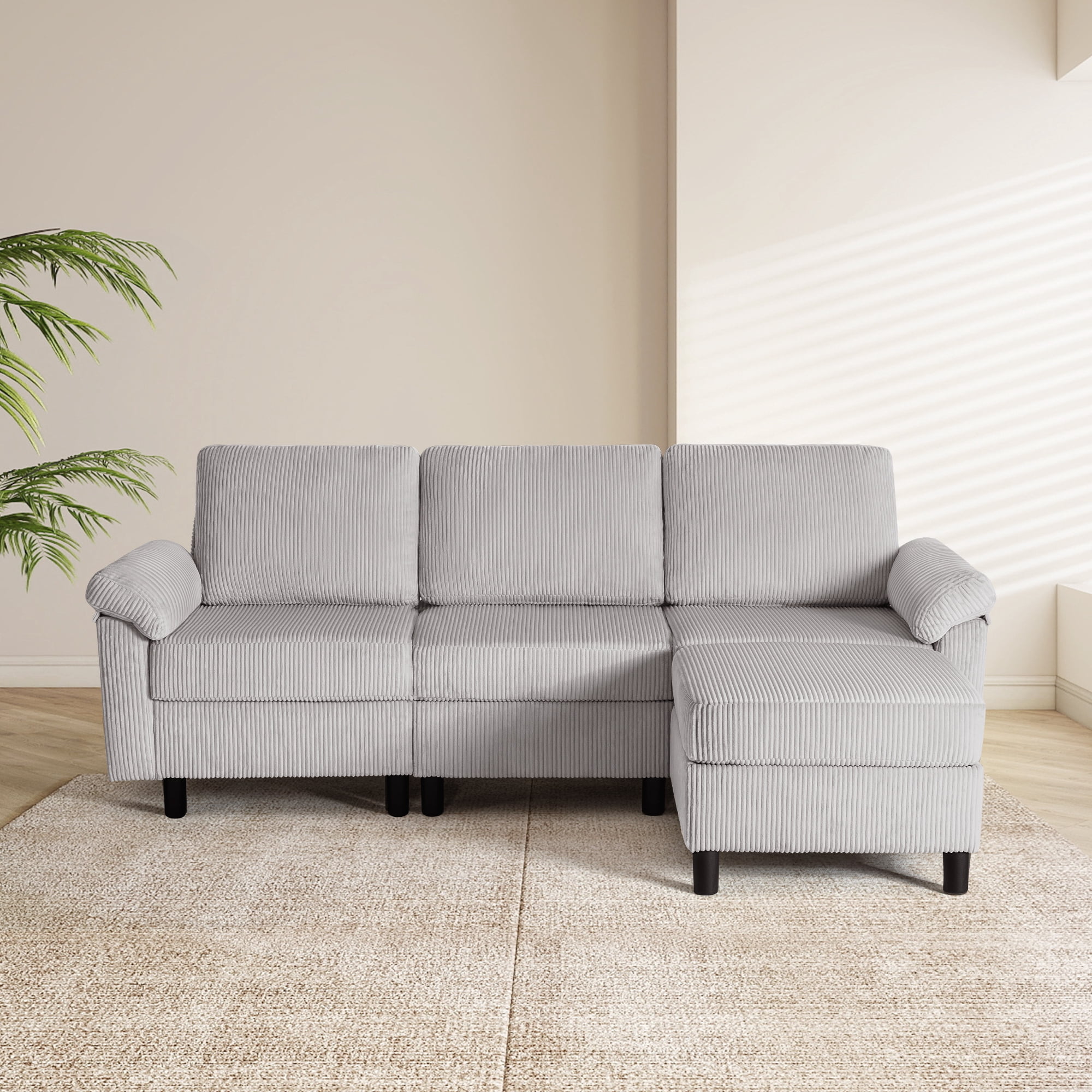 SAETSFEG Sectional Sofa, L-Shape 3-Seat Couch with Movable Ottoman, Modern Storage Modular Sofa for Living Room,Lightgrey