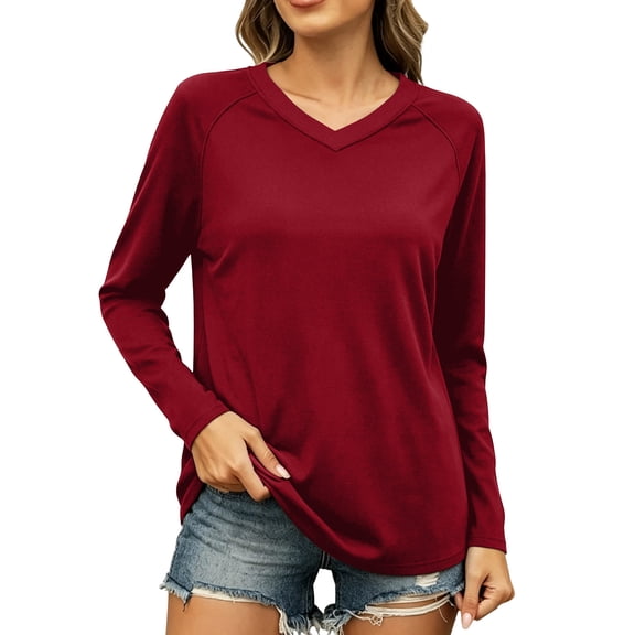Besolor Long Sleeve Shirts for Women Fall V Neck Lightweight Casual Loose Base Layer T-Shirt Tops(X-Large,Red)