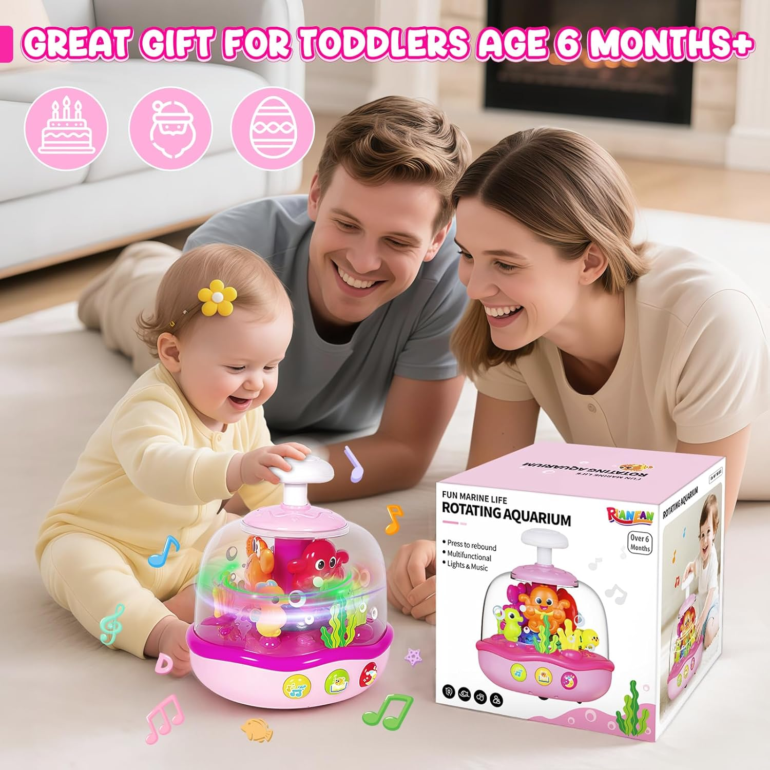 Aijohnny Baby Musical Learning Light up Toys, Infant Ocean Projector Rotating Music Box, Press to Glow & Spin Infant Toy,Christmas Birthday Gifts for 6-12 Month & 1-3 3-5 Year Old