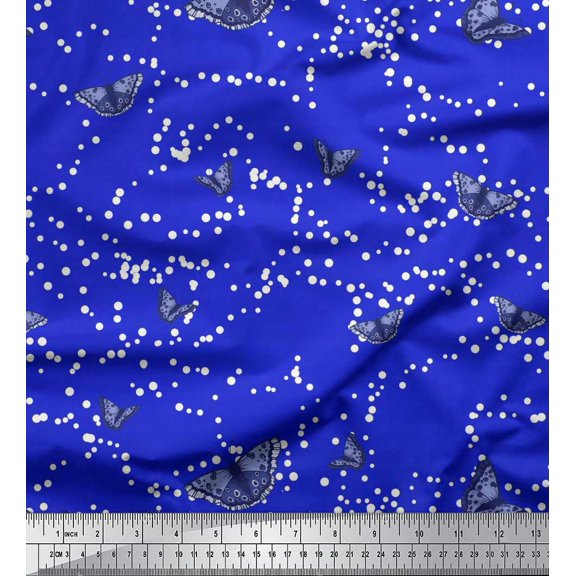 Soimoi Blue Cotton Cambric Fabric Dot & Butterfly Printed Fabric 1 Yard 56 Inch Wide