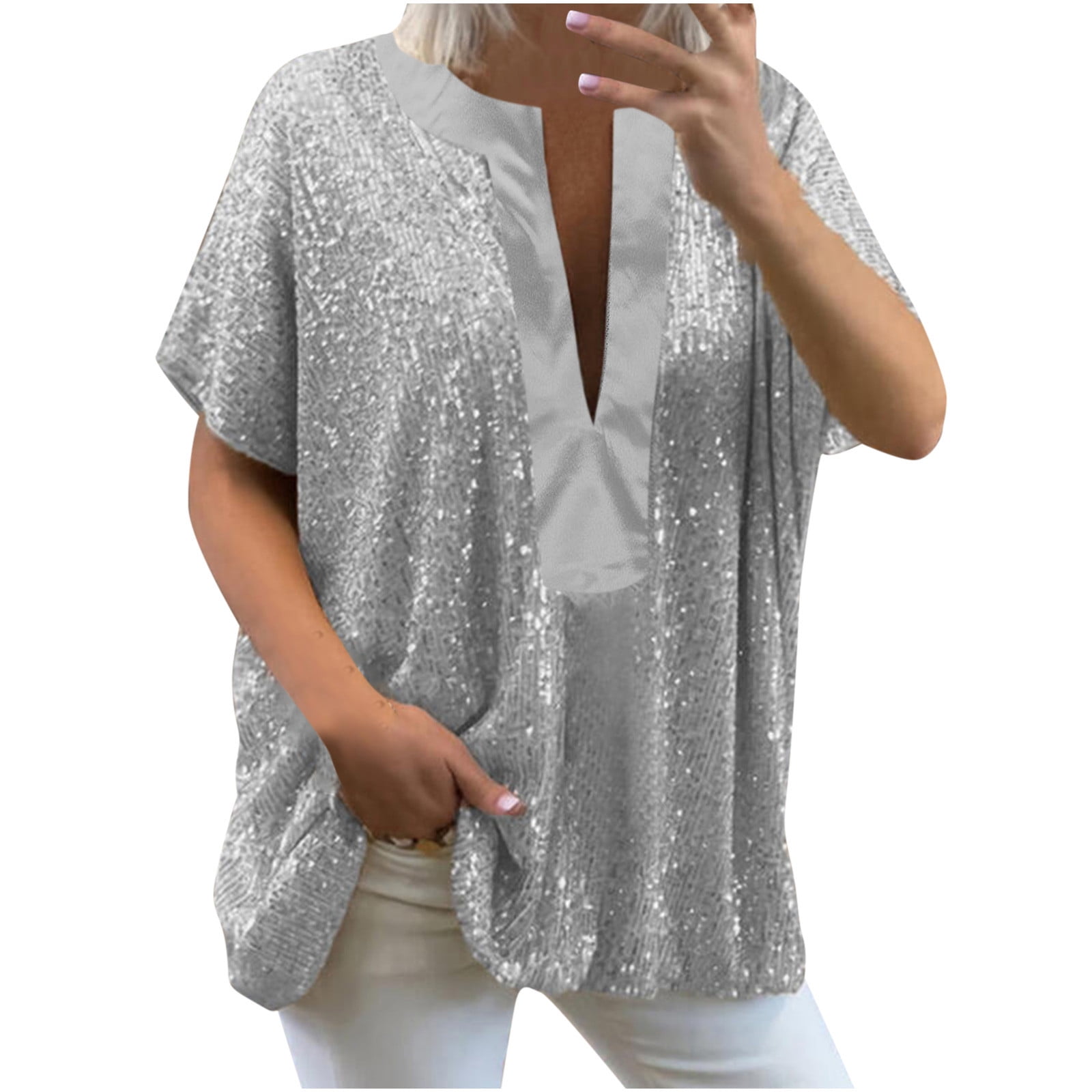 Women's Sequin Short Tunic Tops Deep V Neck Glitter Sparkles Loose Plus Size Solid Loose Tshirt Trendy Evening Party Tunic - Walmart.com