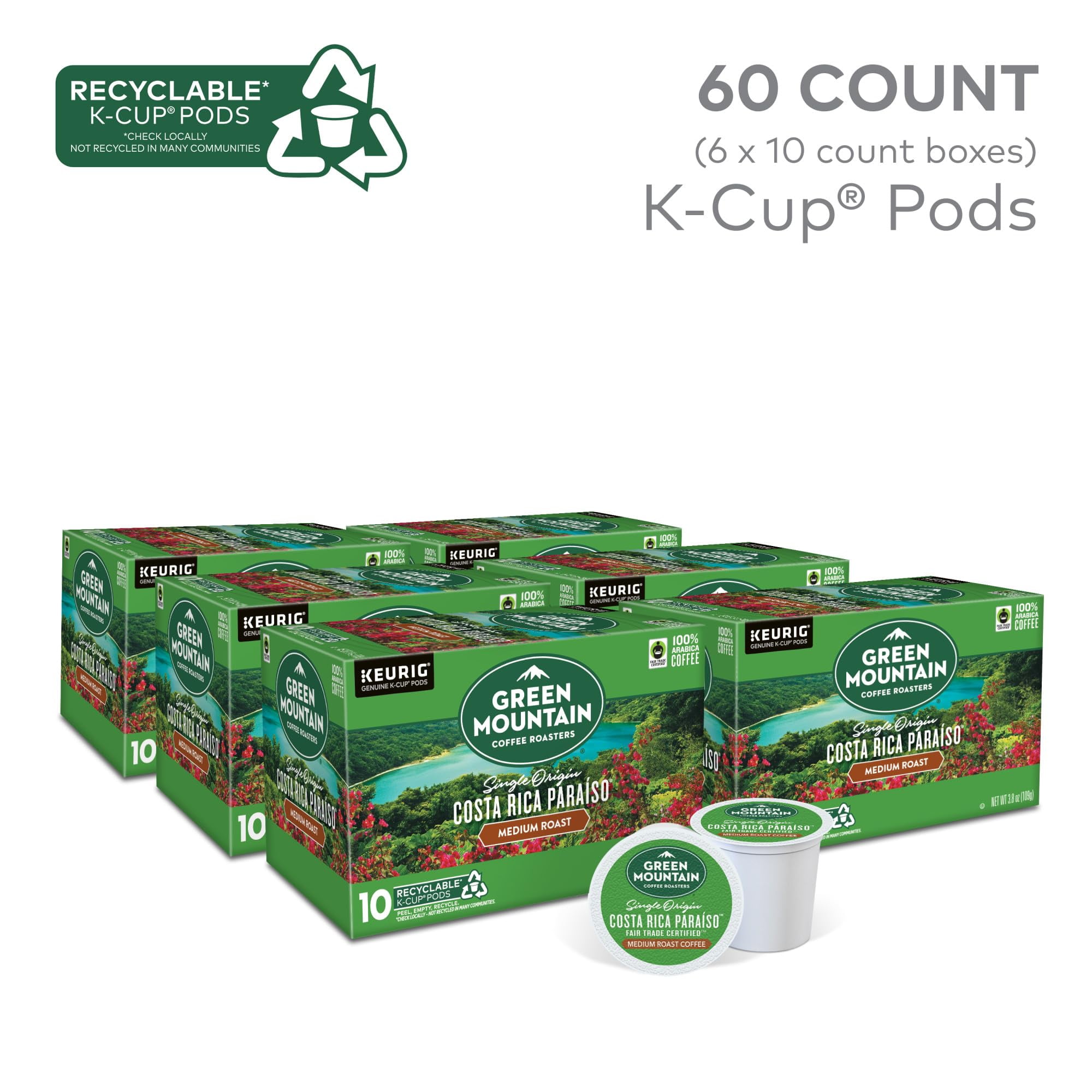 Green Mountain Coffee Roasters Costa Rica Paraiso, Keurig Single Serve K-Cup Pods, Medium Roast Coffee, 60 Count, (6 Packs Of 10).