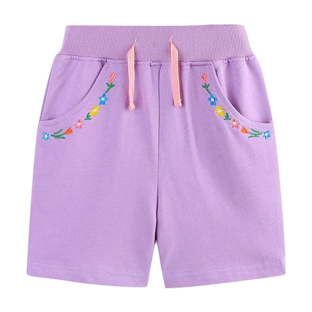 Odeerbi 2-8 Años Niñas Deportes de Verano Bermudas Pantalones Cortos de Entrenamiento Bordados Florales Pantalones Cortos de Algodón Atlético Lindo Pantalones Cortos Respirables