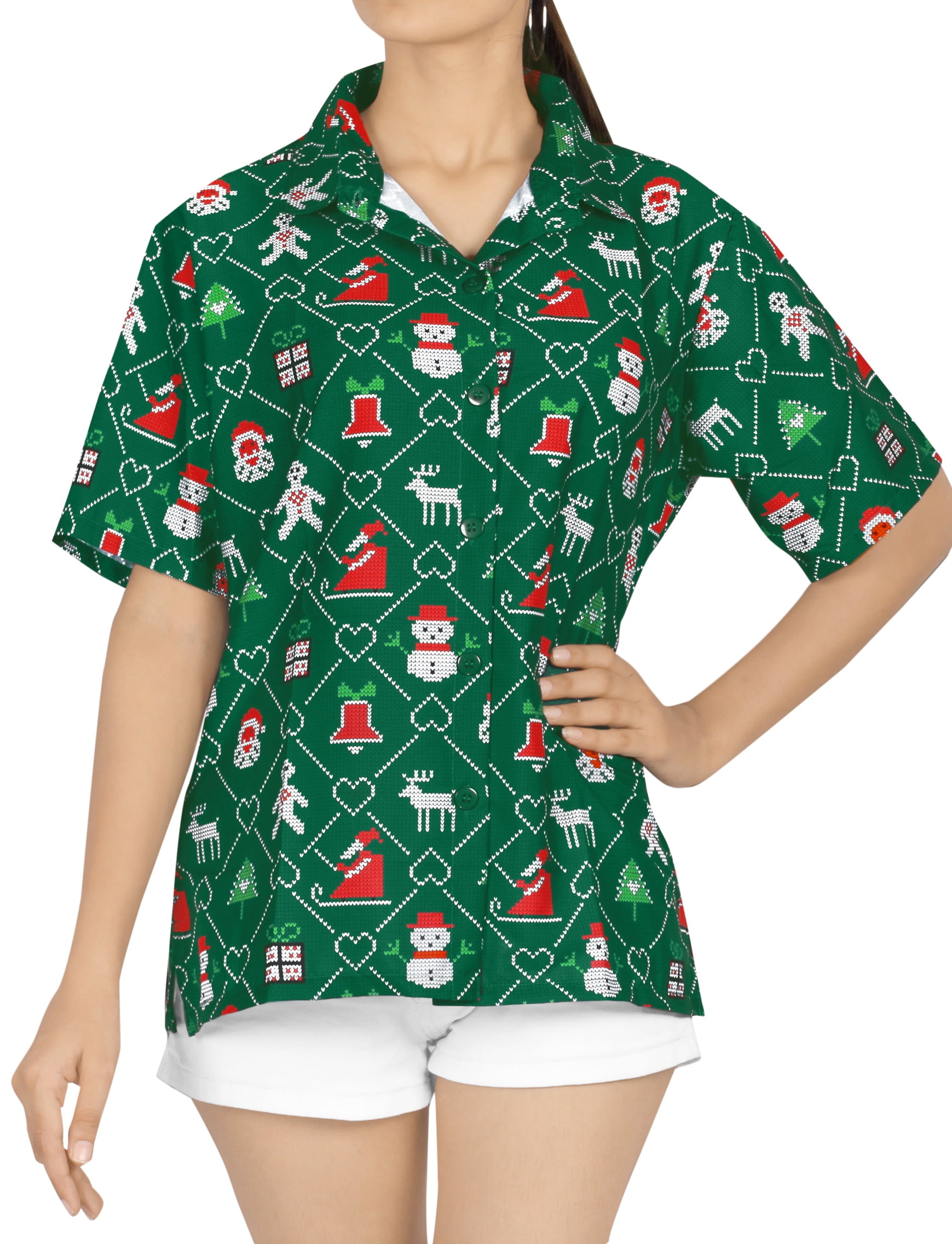 HAPPY BAY Santa Claus 3D Christmas Tree Blouse Button Down Beach Wear Shirt 