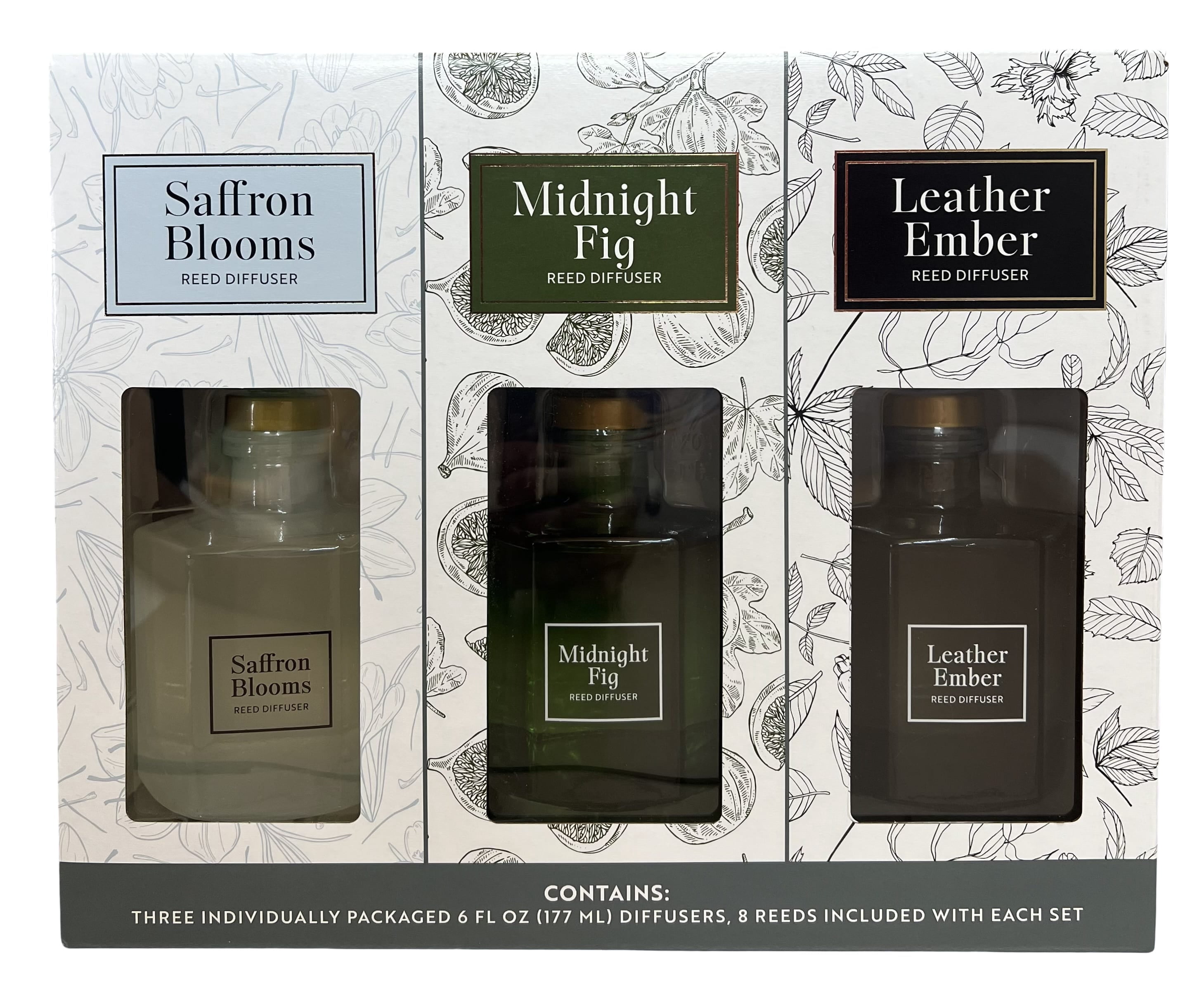 Bellevue Reed Diffuser Set Variety, 6 Fluid Ounce (8 Reeds Included) - Saffron Blooms, Midnight Fig, Leather Ember