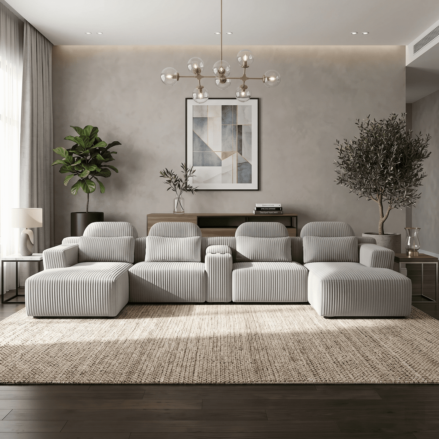 Xiweot Cloud Couch Modular Sectional Sofa, 146" Oversized 6 Seat U Shaped Convertible Couch with Chaise, Cup Holders & Storage, Corduroy Comfy Upholstered Deep Seat Sofa for Living Room, Gray