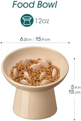 Ceramic Slow Feeder Cat Bowl, 6.25 Inch Elevated Cat Slow Feeder Bowl, Anti Vomiting for Dry and Wet Food, Brown